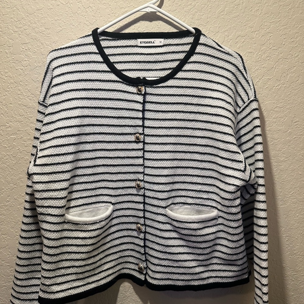 Etosell Black and White Striped Cardigan With Gold Buttons Size Medium - Picture 2 of 8